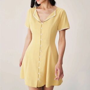 Rihoas Yellow V-neck Button Mini Dress